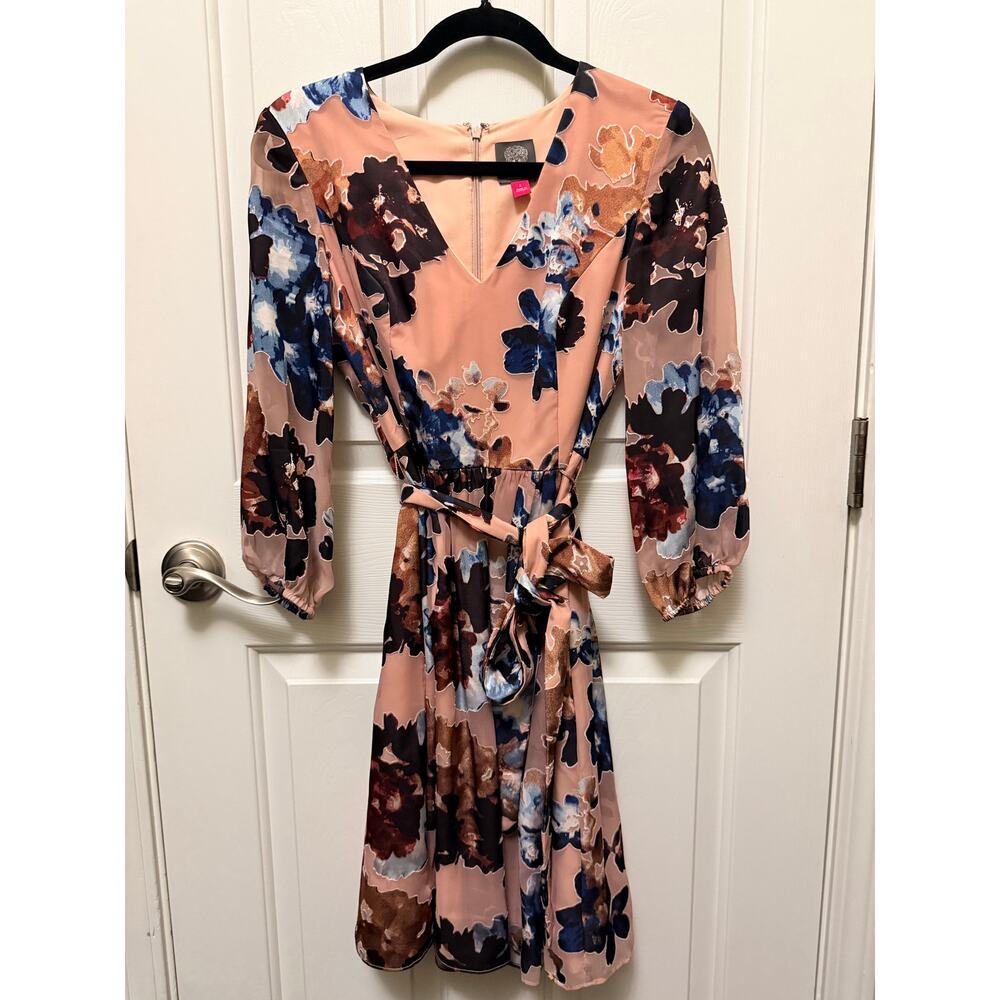 Vince Camuto Floral Long Sleeve Belted A-Line Dress Size 2 Pink Multicolor Zip B